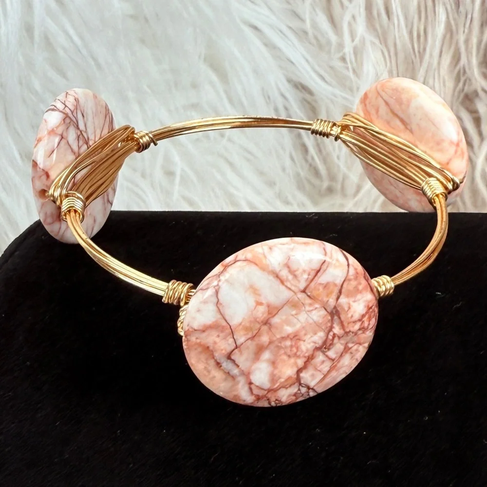 Wired wrapped goldtone, three stone bangle bracelet